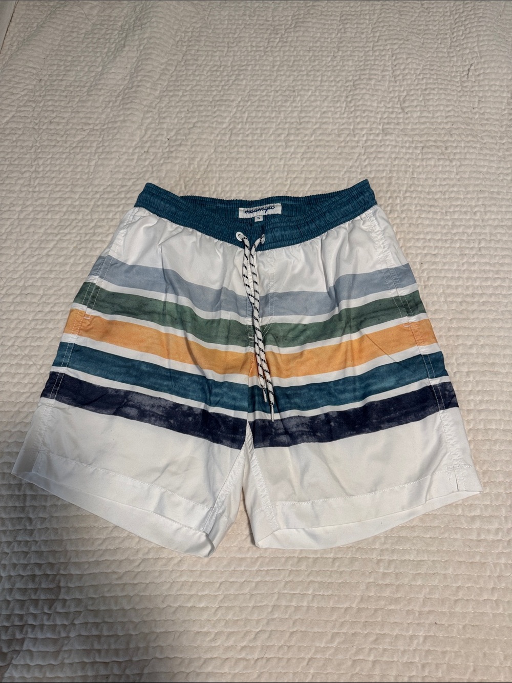 Men's White Striped Swim Shorts with Multicolor Bands